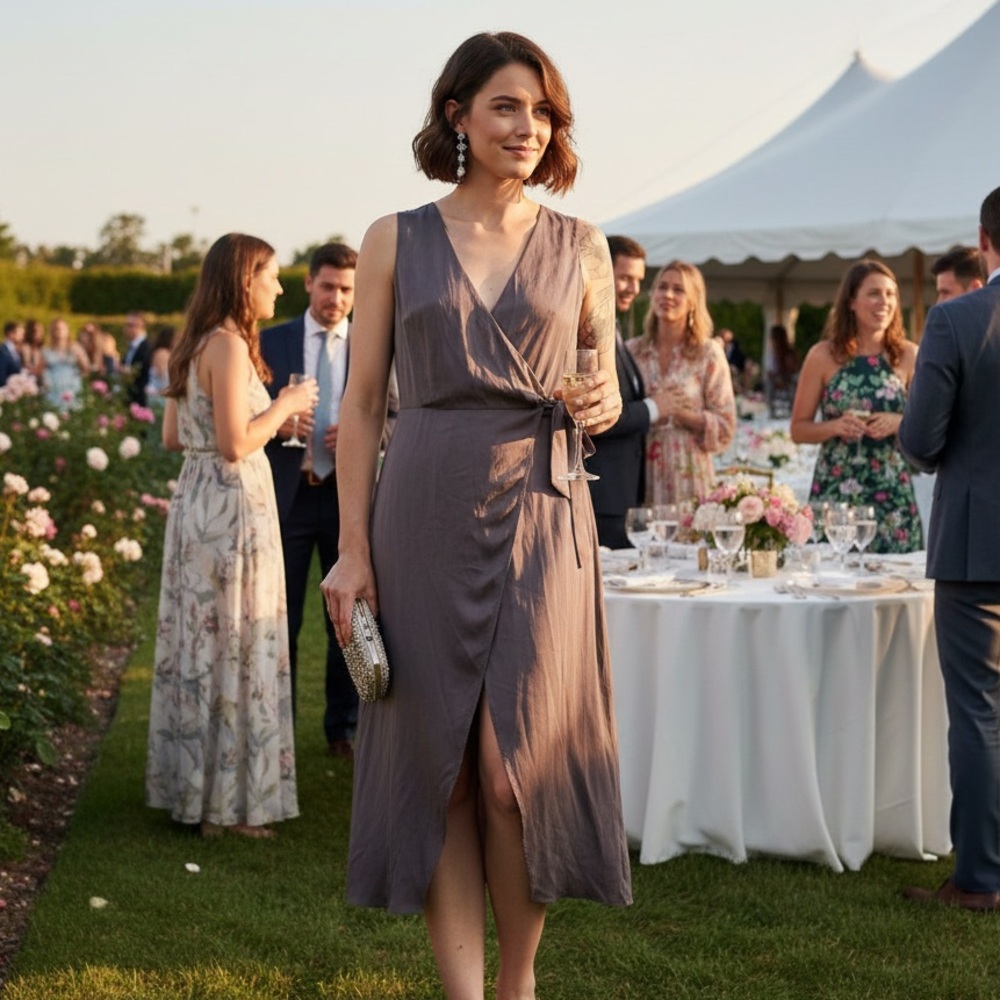 L’Academie Los Angeles Sz M Satin Brown Grey Sleeveless Wrap Midi Dress